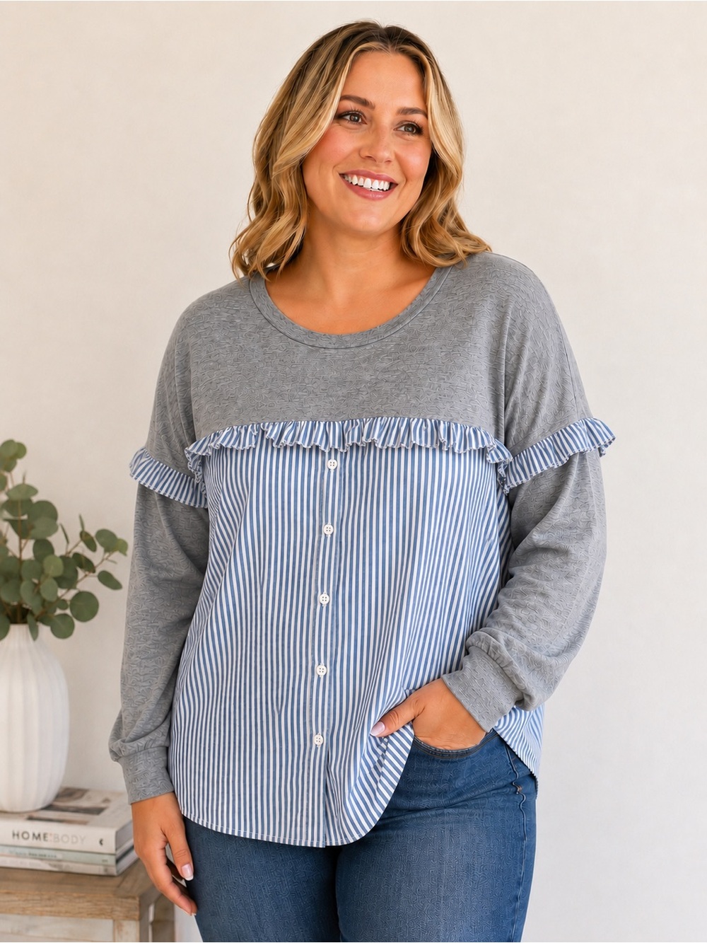 SHEIN Women’s XL Gray Blue White Striped Ruffle Button Front Long Sleeve Top